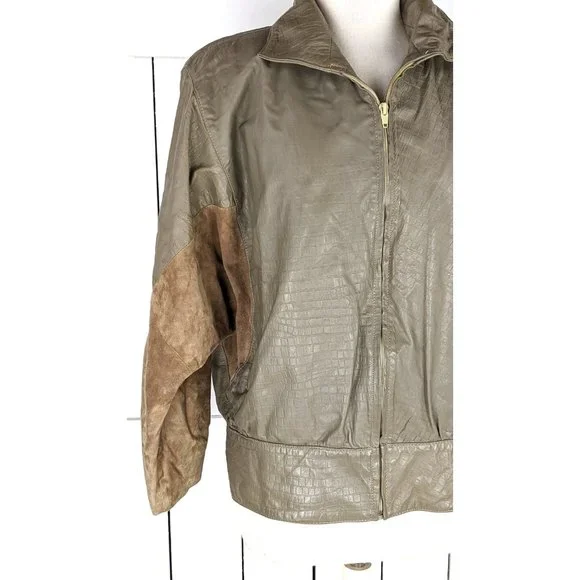 80s vintage beige brown suede and leather zipper bomber Dolman sleeve jacket